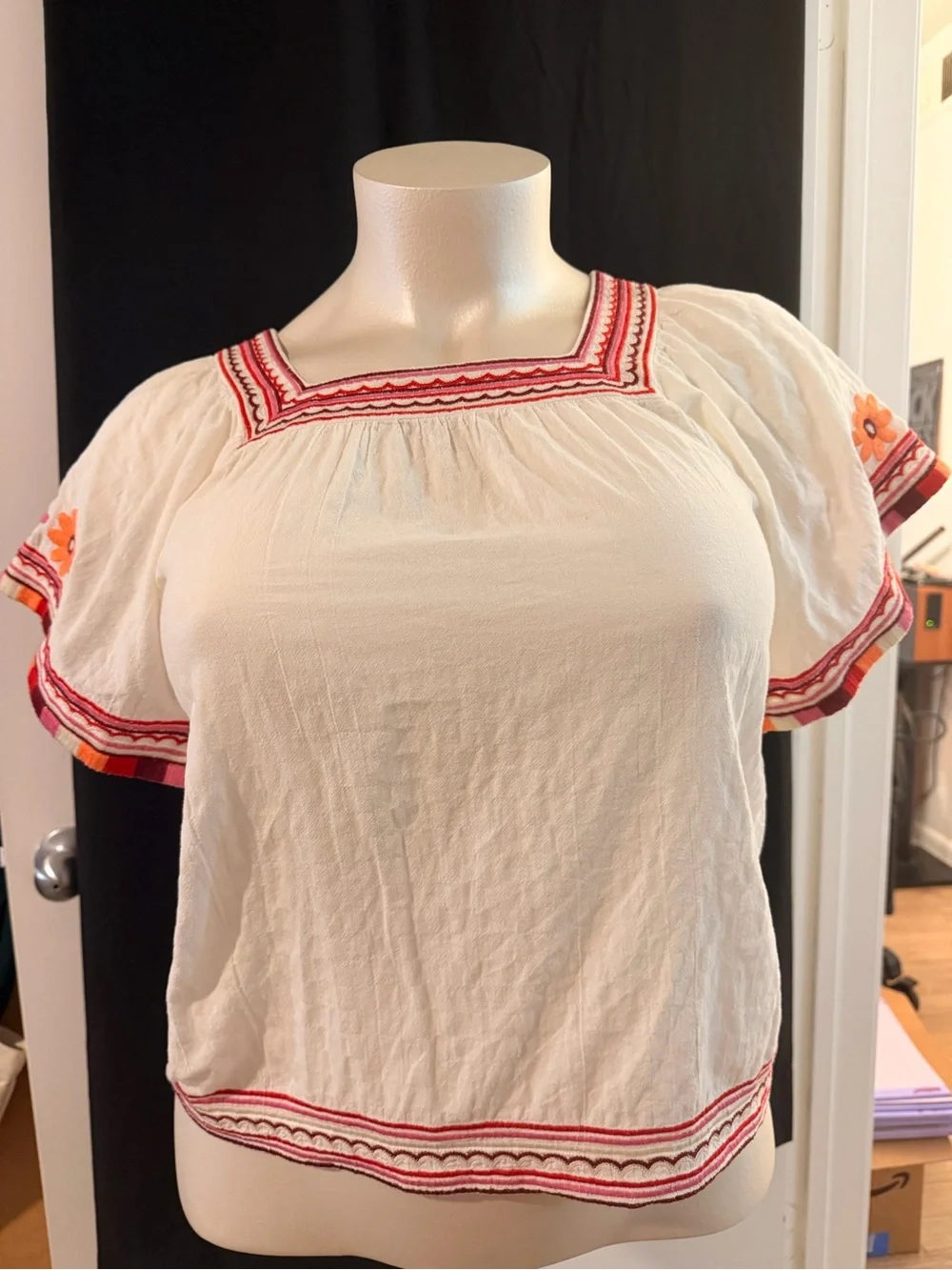Madewell White Peasant Blouse with Red Trim and Orange Floral Accents